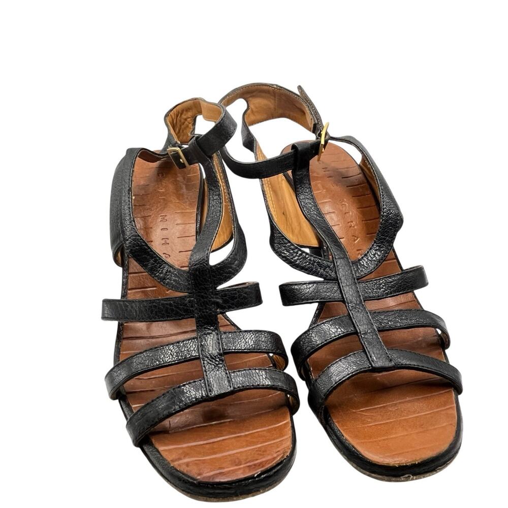 Chie Mihara Sandals Heels Women Size 36 US 6 Black Leather T-Strap Ankle Strap